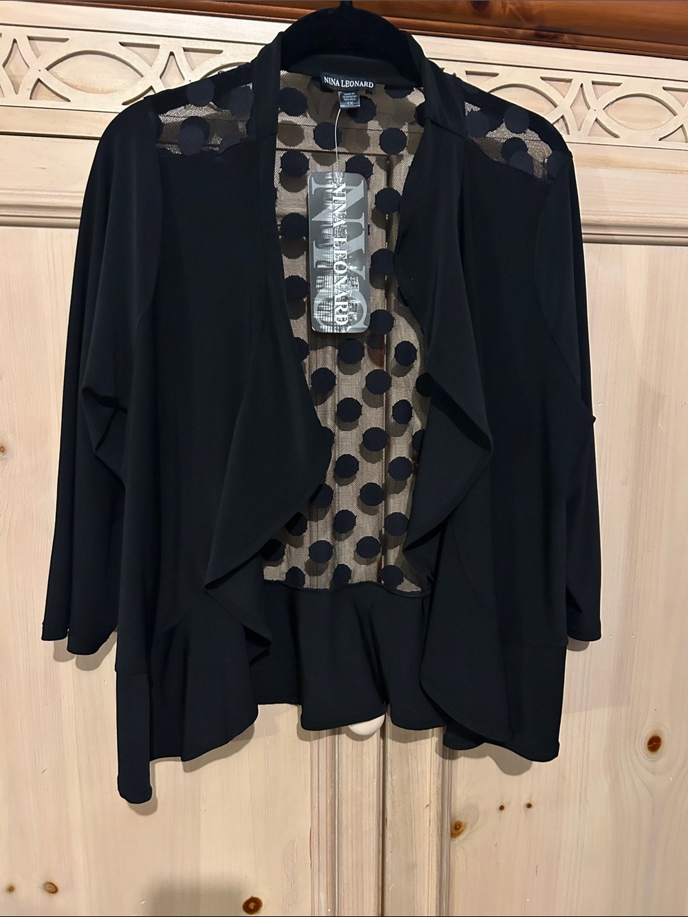 Nina Leonard Black Polka Dot Sheer-Panel Open Front Cardigan